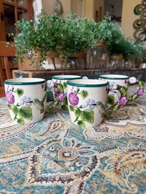 Hummingbird Floral Ceramic Mug Set Hand Painted Green Purple Coffee Cups Set 4